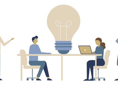 animated characters standing and sitting around a table with a big lightbulb in the middle