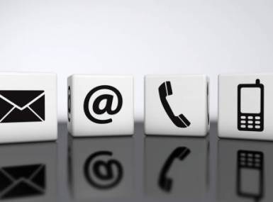 Email, Social Media, Phone and Text icons on white boxes