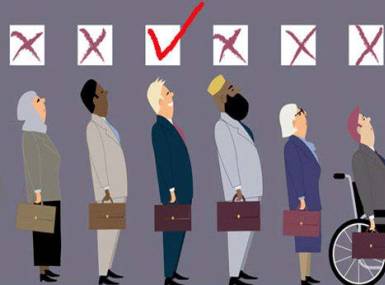 People of all types lined up with boxes above them. Only the male white man has a check mark.