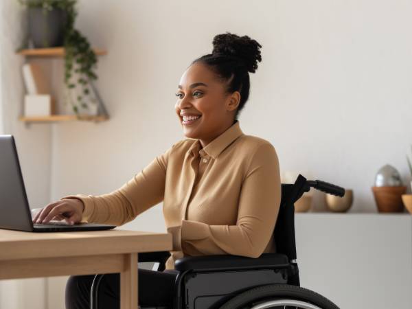 Woman in a wheelchair works from her home office.