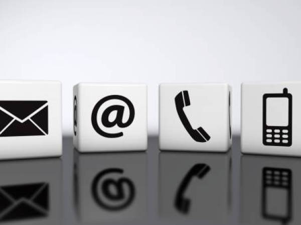 Email, Social Media, Phone and Text icons on white boxes