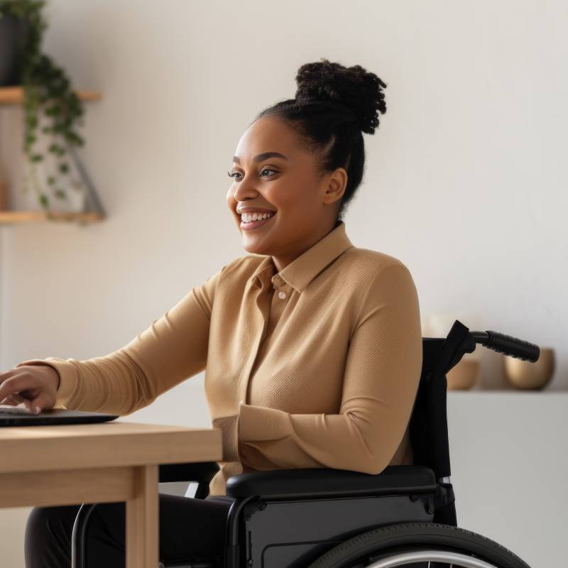 Woman in a wheelchair works from her home office.