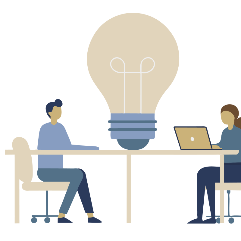 animated characters standing and sitting around a table with a big lightbulb in the middle
