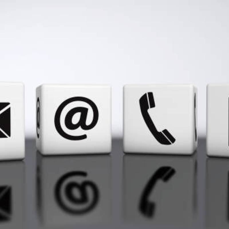 Email, Social Media, Phone and Text icons on white boxes