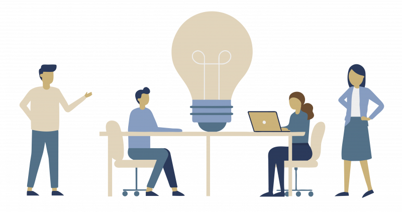 animated characters standing and sitting around a table with a big lightbulb in the middle